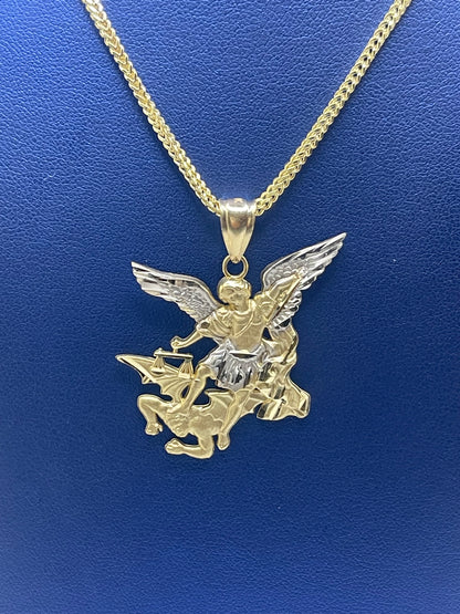 14k GOLD TWO TONE ST. MICHAEL PENDANT/ franco chain