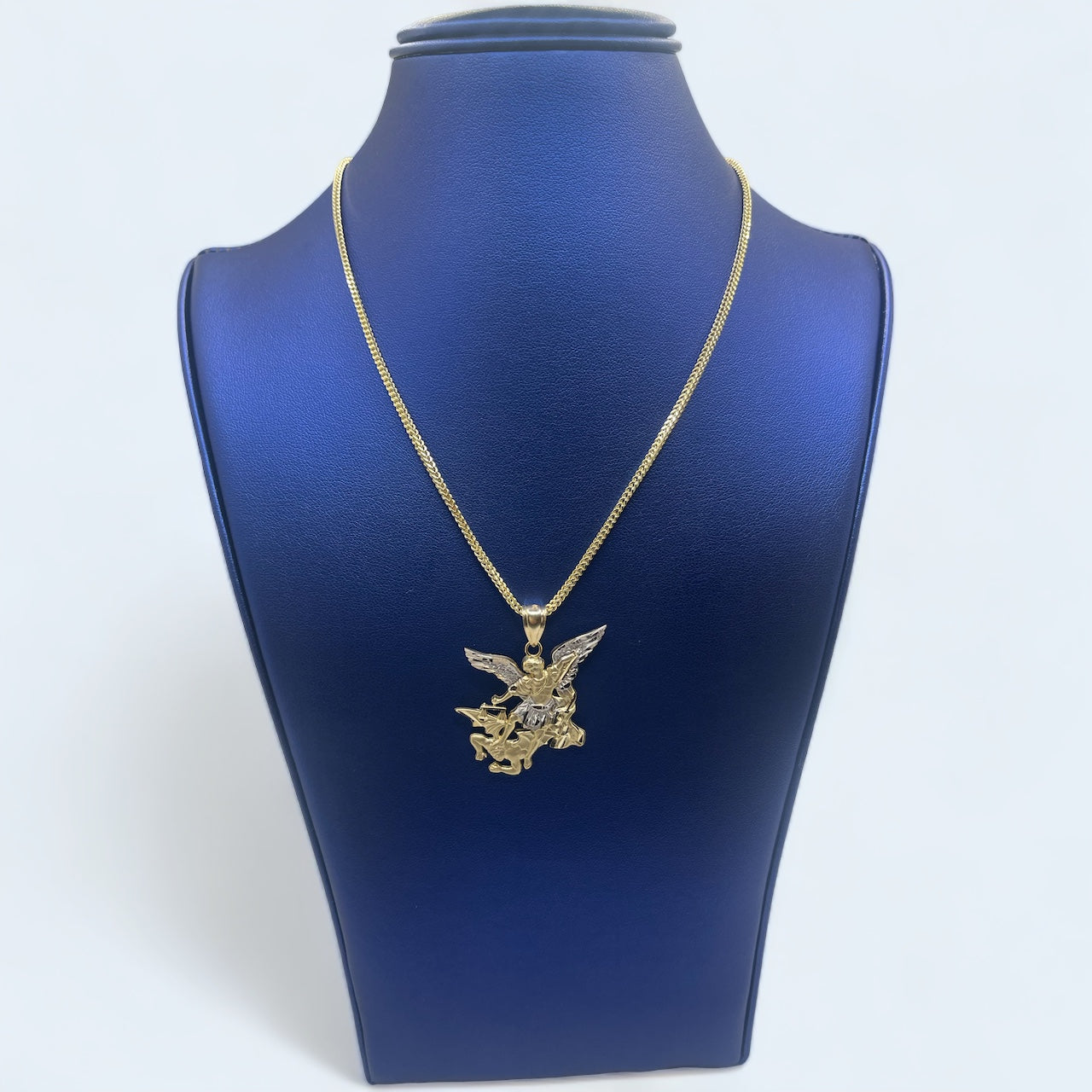 14k GOLD TWO TONE ST. MICHAEL PENDANT/ franco chain